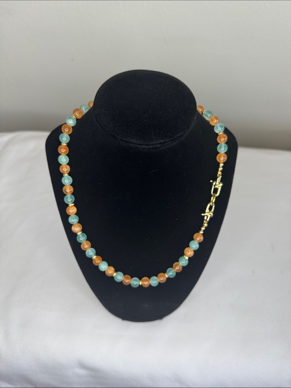 Two-Tone Mint Green and Orange Beaded Necklace 18” Gold filled.